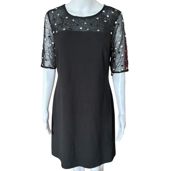 Nina Leonard Sz S Dress Black Crepe Midi Beaded Sheer Short Sleeve Round Neck - Picture 3 of 14